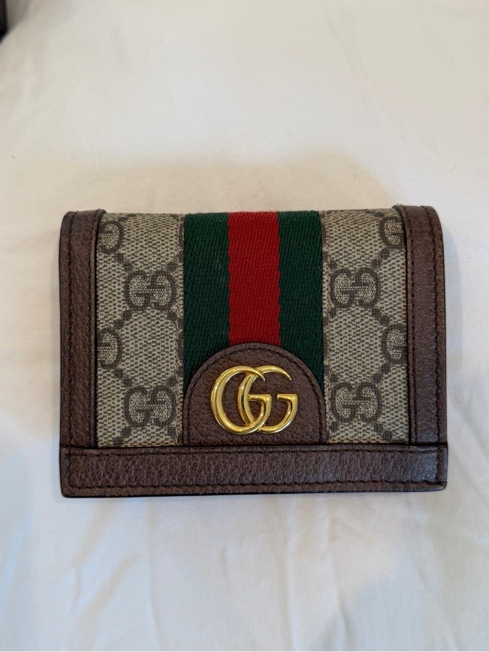 Gucci GG Supreme Card Holder with Green and Red Web and Gold Hardware